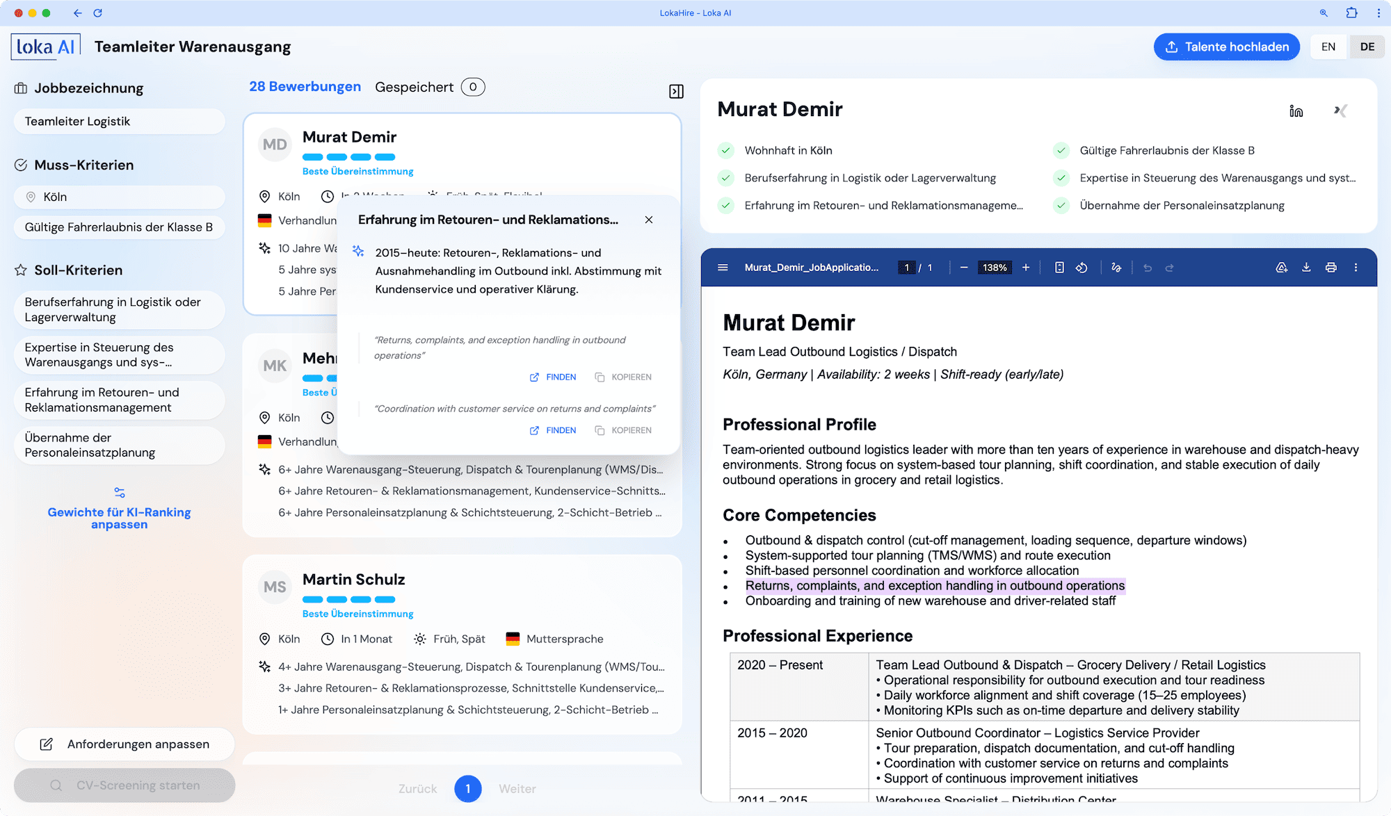 LokaHire CV evidence view for SAP SuccessFactors recruiting