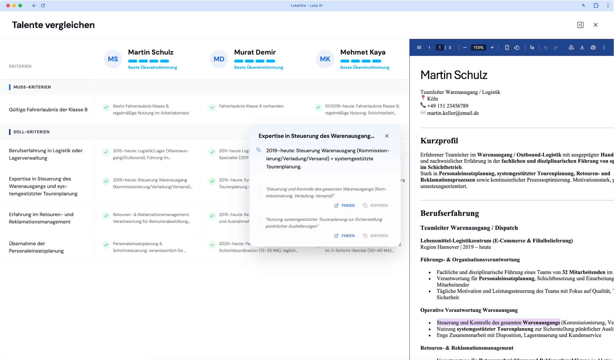 LokaHire side-by-side candidate comparison for SAP SuccessFactors